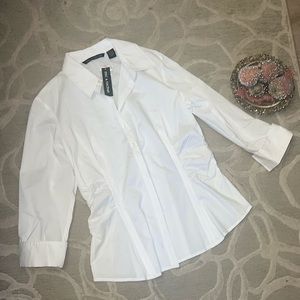 NWT🌷ZAC & RACHEL🌷White 3/4 sleeve classic button front stretch ruched blouse